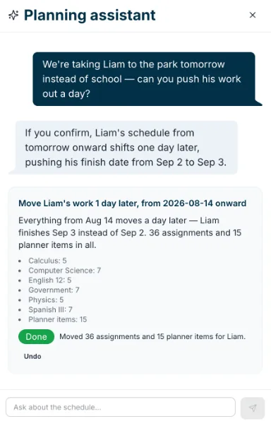 Homeschool Anchor's planning assistant proposing to reschedule a student's assignments after a parent says they're taking the day off for a park trip