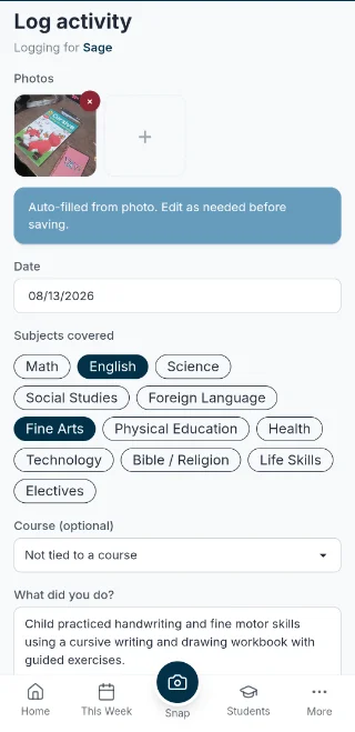 Homeschool Anchor on a phone: a snapshot of a cursive workbook, auto-filled into a log entry with the English and Fine Arts subjects tagged and the description already written