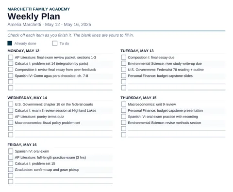A weekly plan checklist with assignments grouped by day, some already checked off